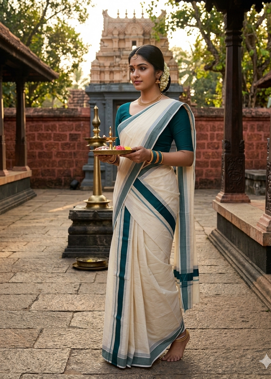 Kerala Cotton Green Kara Set Mundu 2.80 mtrs SL425