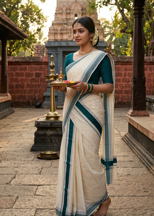 Kerala Cotton Green Kara Set Mundu 2.80 mtrs SL425