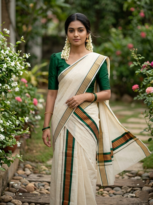Kerala Cotton Kasavu Single Set Mundu (Mundum Neriyathum) with Pink and Gold Lines Green Border in 2.80 Mtrs