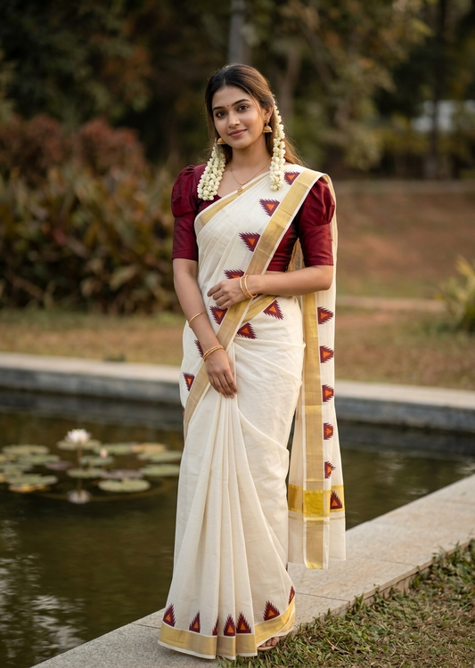 Southloom Cotton Kerala Kasavu Saree with Temple Digital Print In Marron and Orange  With  Borders  SL369