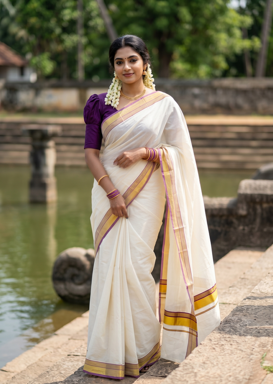 Southloom Pure Cotton Kerala Saree with Kasavu and Purple Border