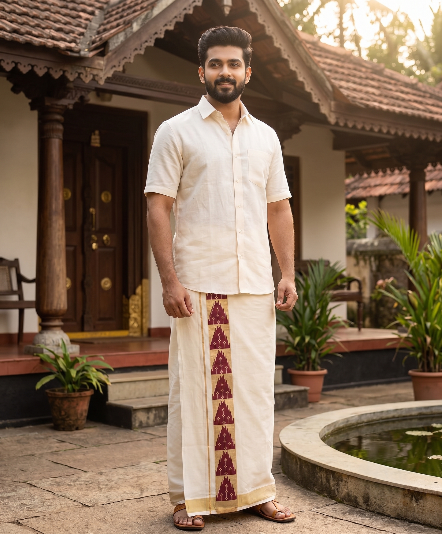 southloom Pure Cotton Double Mundu with Block Prints on Maroon Border (South Indian Dhoti)SL613