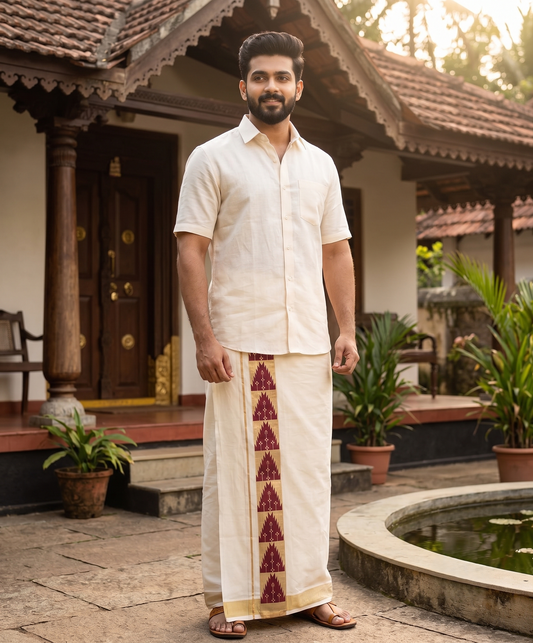 southloom Pure Cotton Double Mundu with Block Prints on Maroon Border (South Indian Dhoti)SL613