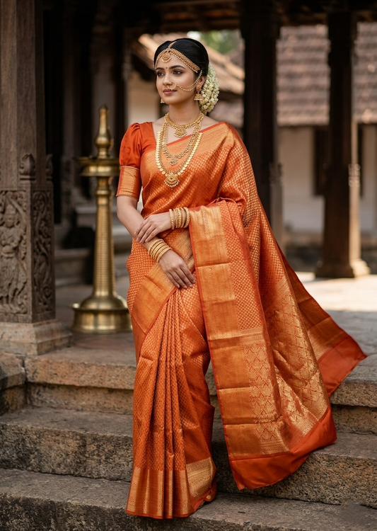 Southloom Premium Semi Silk Zari Work Bridal Brocade Saree in Orange with Matching Pallu