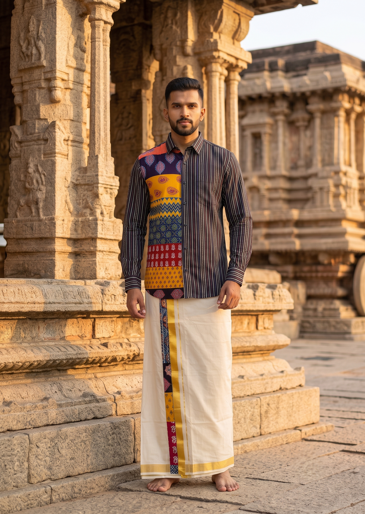Southloom Premium Satin Digital Printed Design Men's Combo  (Shirt + Mundu) SL576