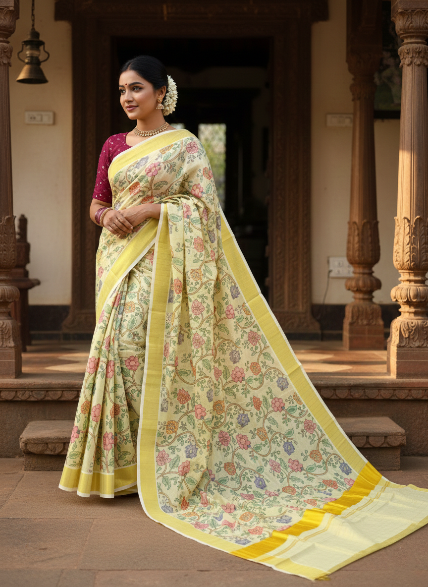 Southloom Tissue Stripes Kalamkari Print Kerala Kasavu Saree