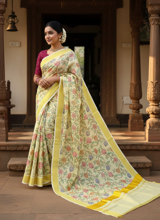 Southloom Tissue Stripes Kalamkari Print Kerala Kasavu Saree