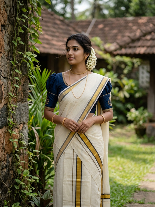 Kerala Cotton Set Mundu (Mundum Neriyathum) with Kasavu and Blue Border 2.80 Mtrs SL244