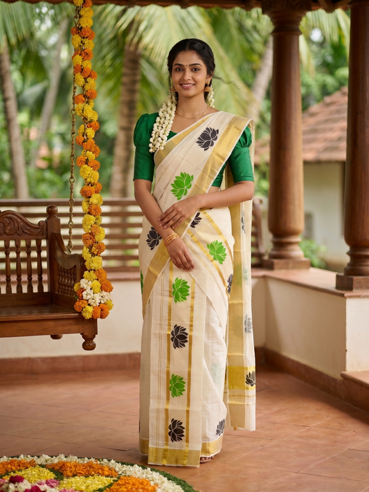 Kerala Cotton Single Set Mundu (Mundum Neriyathum) with Black And Green Lotus Block Prints On Kasavu Border 2.80 Mtrs SL340