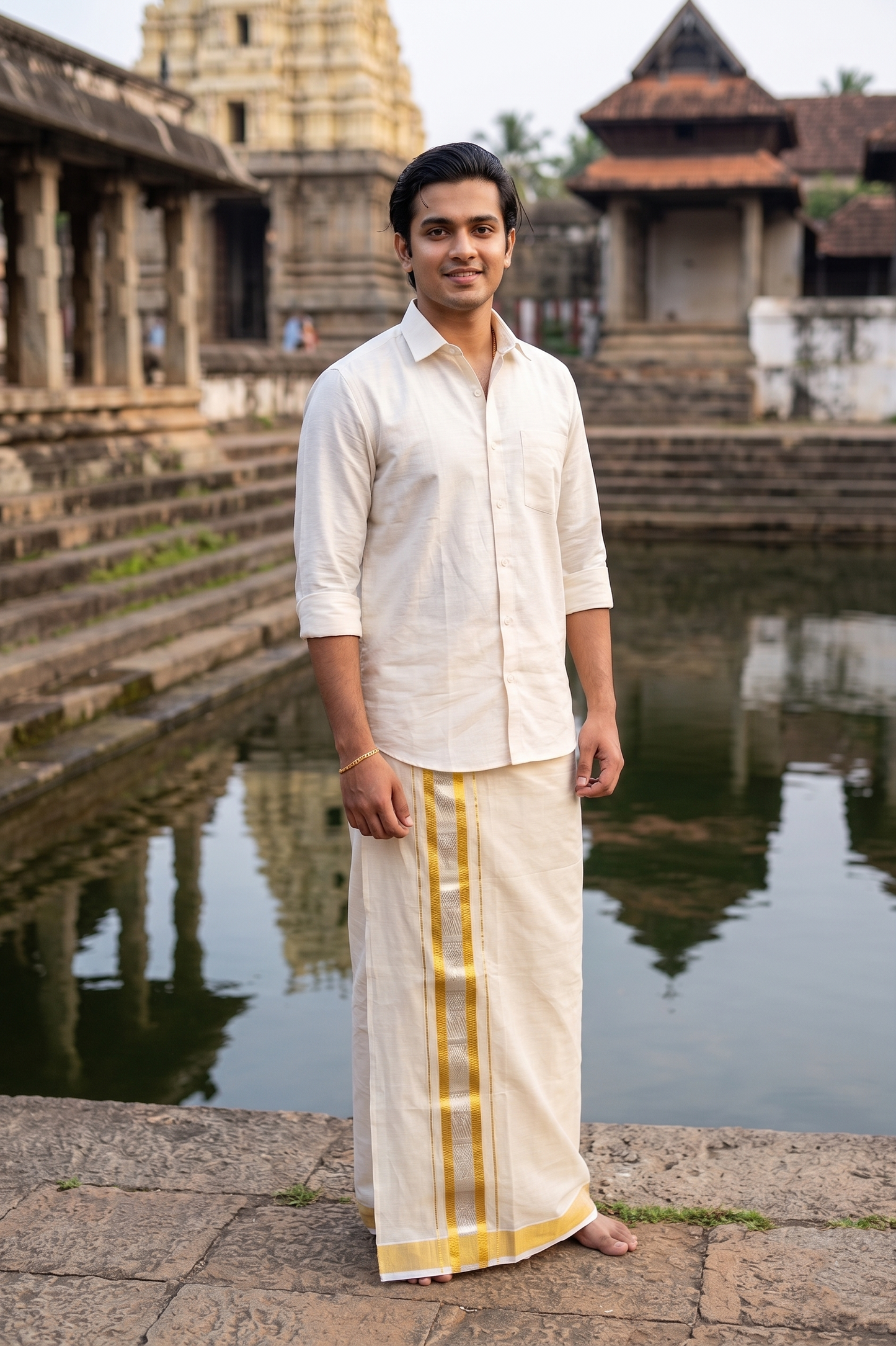 Southloom Premium Handloom Tissue Mundu with 2 inch Kasavu Border with Silver Woven Work
