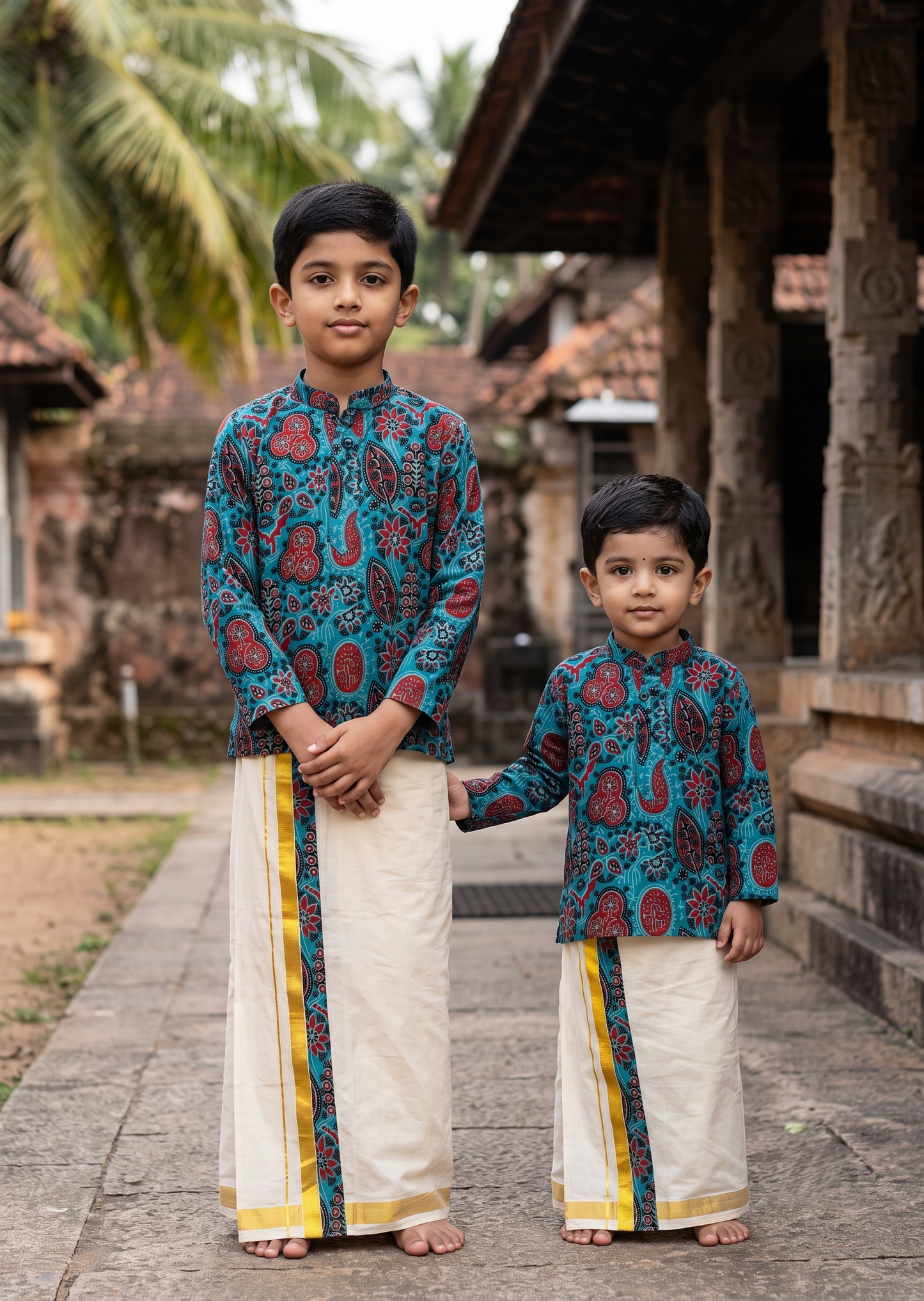 Southloom Cotton Ajrakh Printed Kids's Combo (Shirt + Velcro Mundu) SLKCOMBO SL605