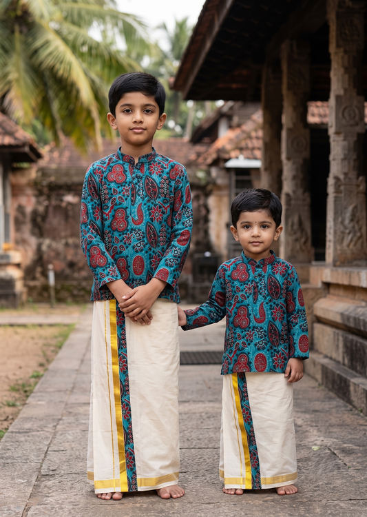 Southloom Cotton Ajrakh Printed Kids's Combo (Shirt + Velcro Mundu) SLKCOMBO SL605