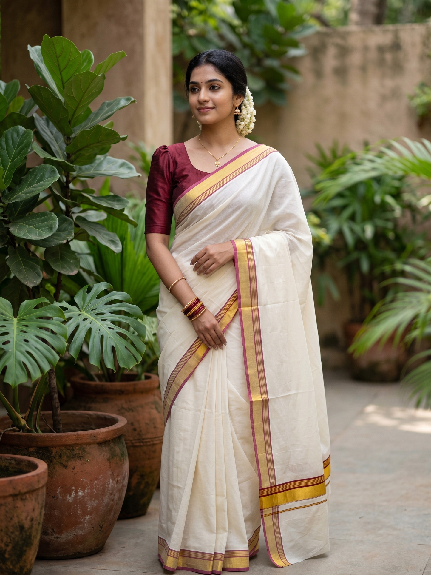 Kerala Pure Cotton Plain Saree with Kasavu and Maroon Border