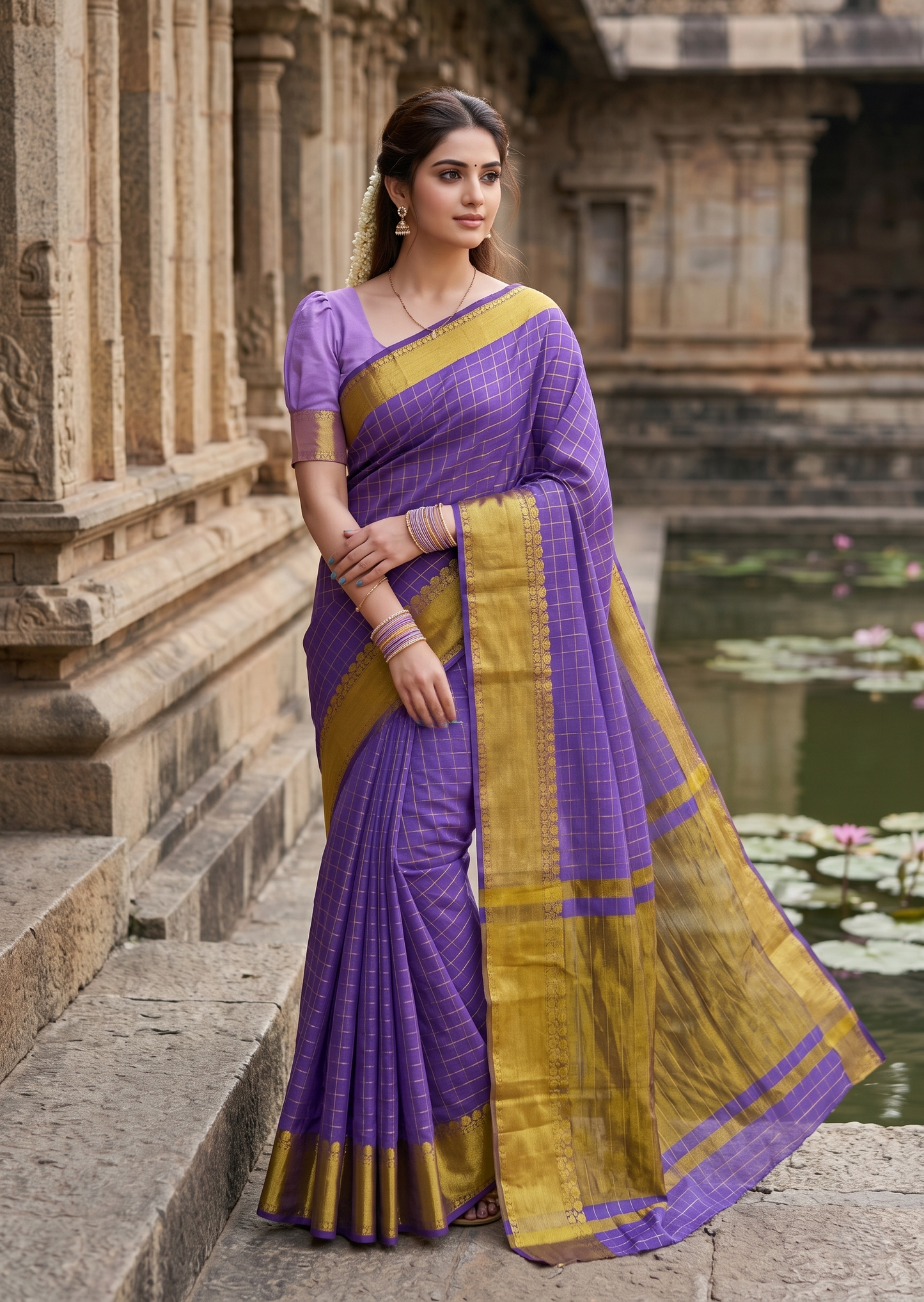 Southloom Kerala Semi Silk Saree With Check Design In Lavender