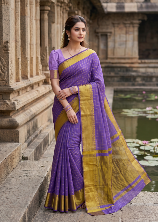 Southloom Kerala Semi Silk Saree With Check Design In Lavender
