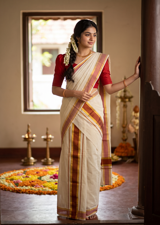 Kerala Cotton Mundum Neriyathum Single (Set Mundu) with Red and Kasavu Border 2.80 Mtrs