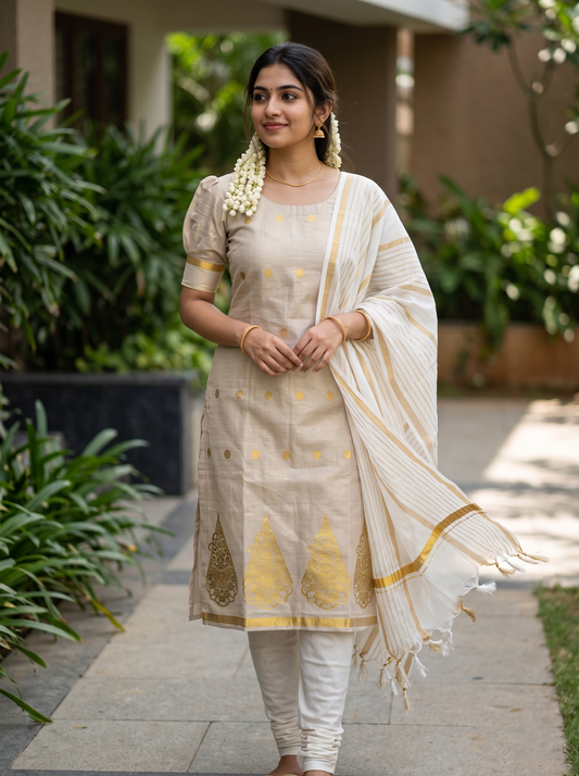 Southloon Tissue Churidar Salwar Suit Unstiched Material with Woven Design in Border (include Lines Shawl / Dupatta) SL601