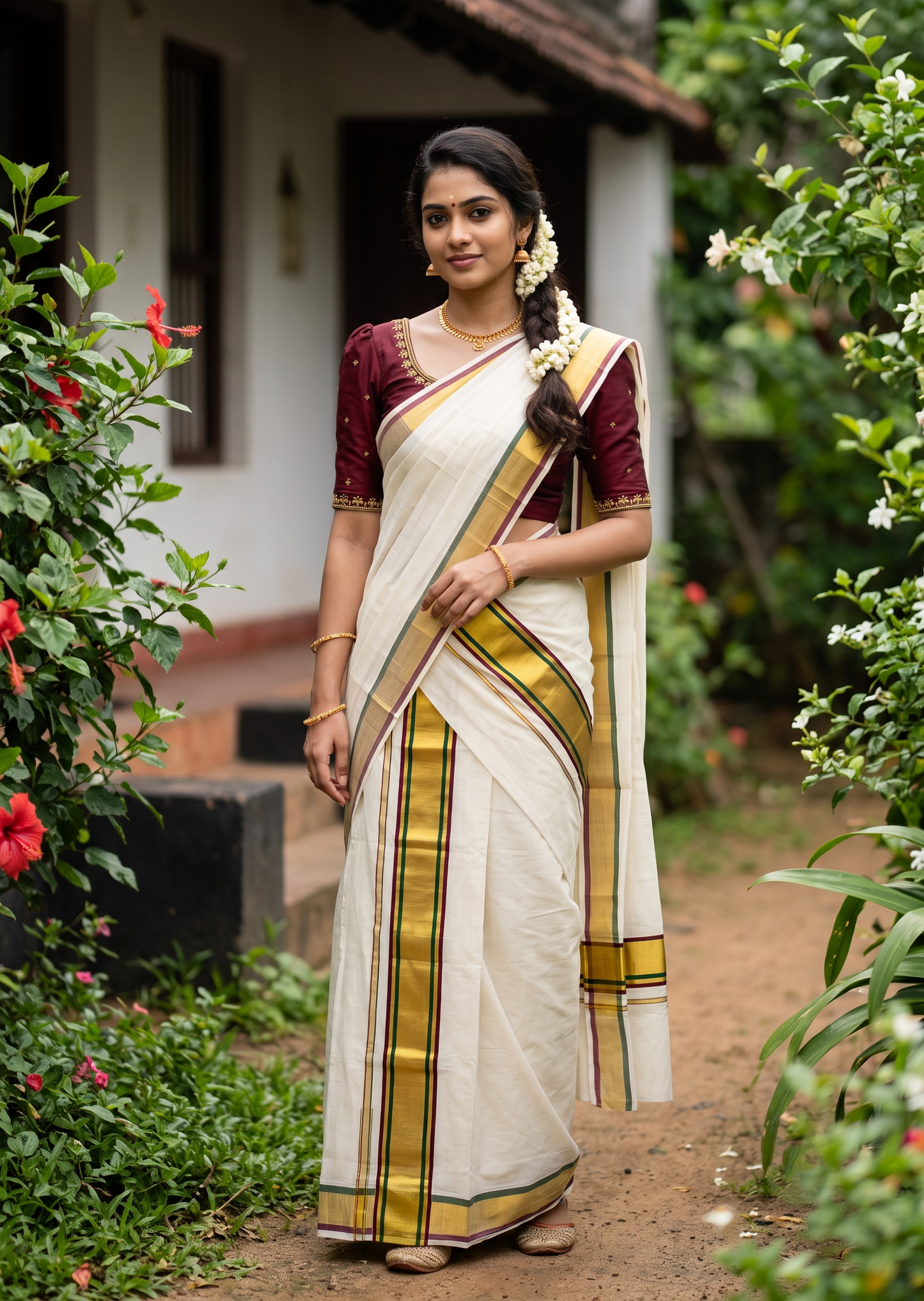 Southloom Premium Handloom Set Mundu with Maroon & Olive Green Border and Kasavu Lines Across Body 2.80 Mtrs