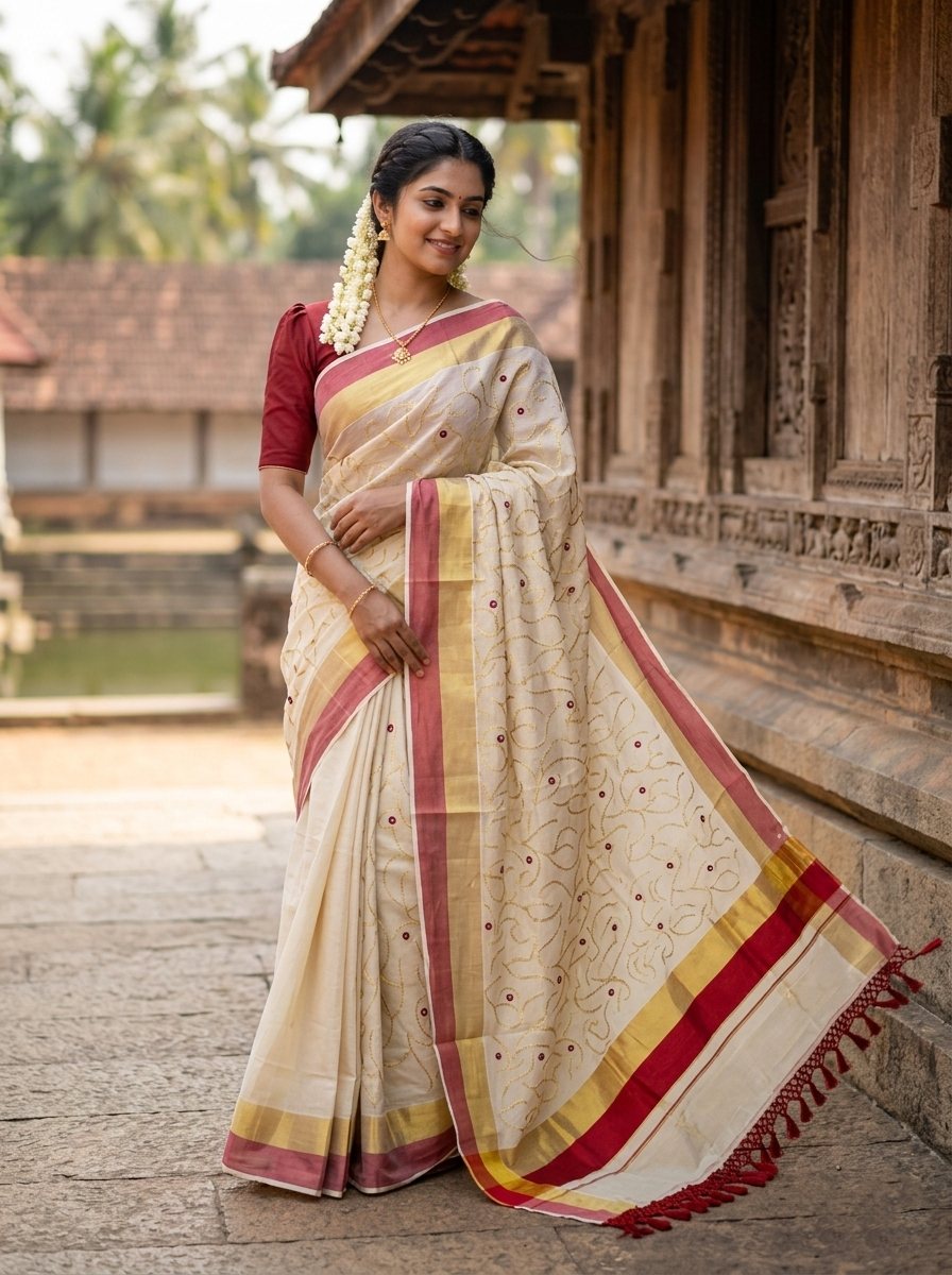 Kerala Tissue Kasavu Stripes Saree with Gold and Red Floral Embroidery Design on Body SL269