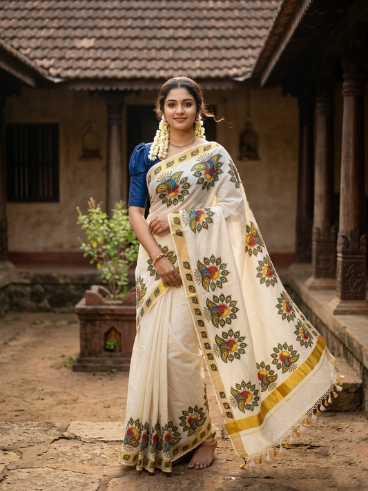 Southloom Pure Cotton Kerala Kasavu Saree with Mural Peacock Printed Art Design and Printed Border