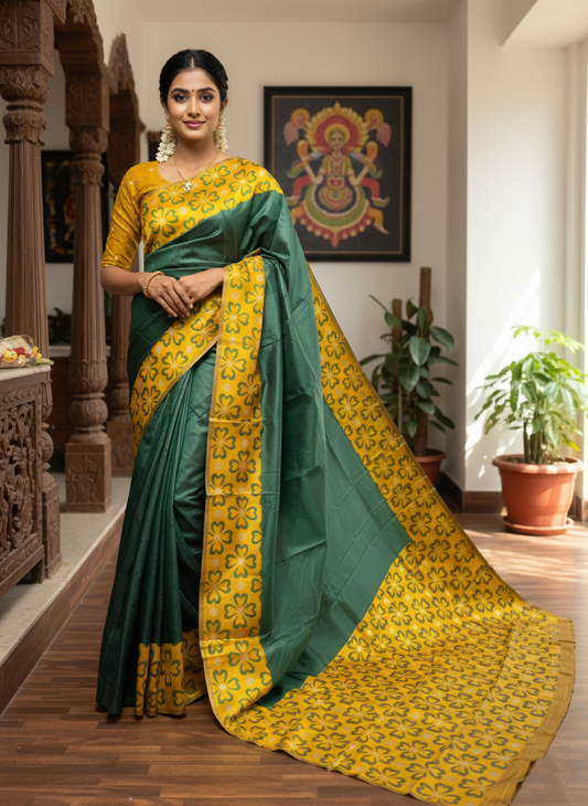 Southloom Kerala Designer Green Saree with Yellow Border