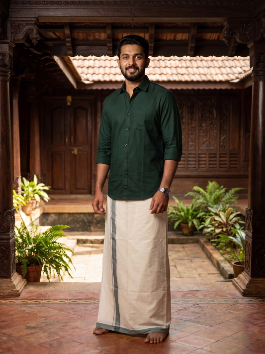 Southloom Premium Handloom Cotton Double Mundu with Green Border