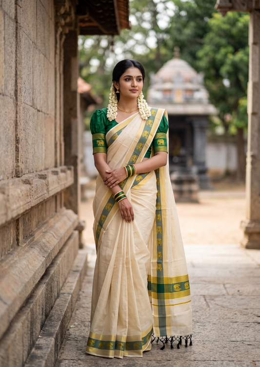 Southloom Kerala Tissue Kasavu Saree with Elephant Digital Print on Borders in Green SL507