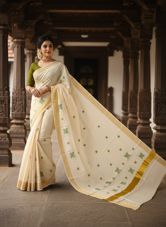 Southloom Kerala Tissue Kasavu Saree with Olive Green Appliq Work