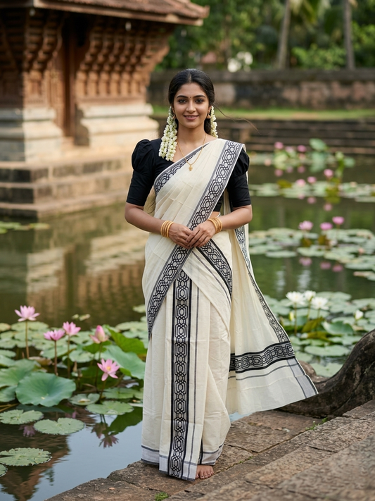Kerala Pure Cotton Set Mundu Single (Mundum Neriyathum) with Black Block Prints on Silver Kasavu Border in 2.80 Mtrs
