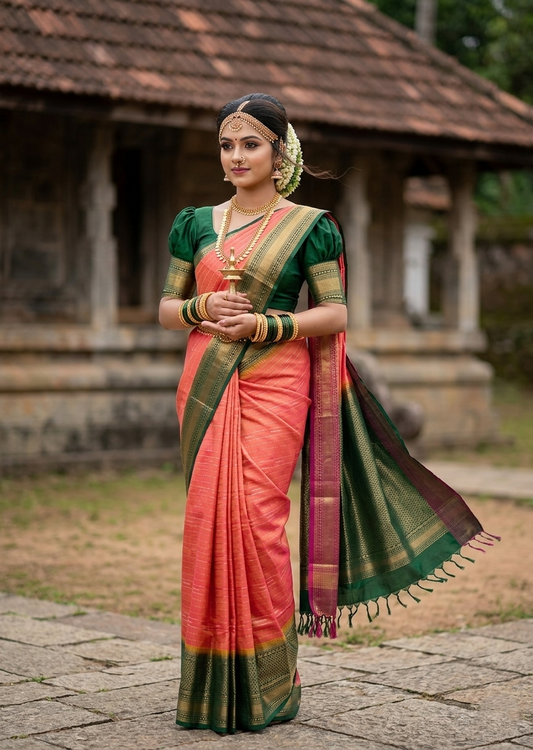 Southloom Pure Handloom Bridal Kanchipuram Silk Saree with Korvai Work (Orange & Green)