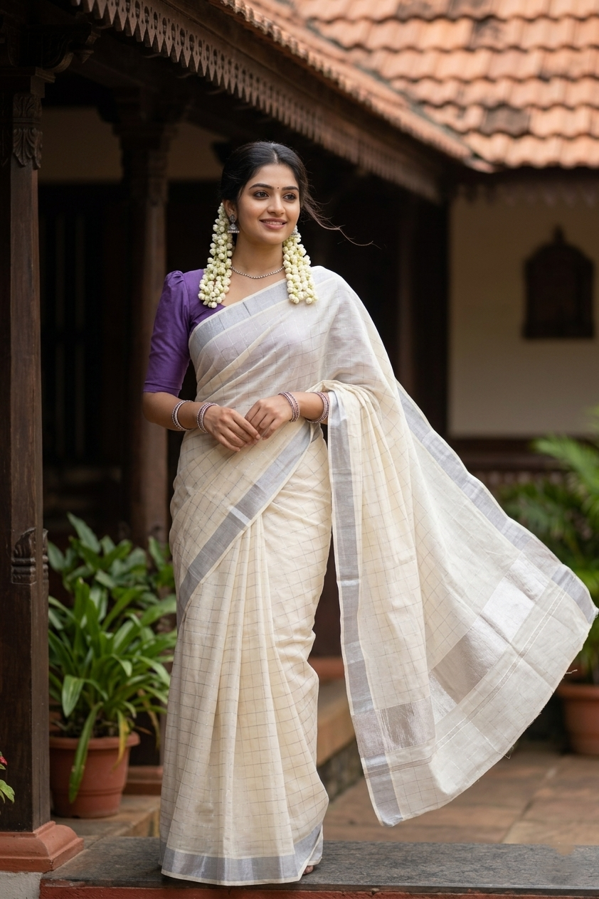 Pure Cotton Off White Kerala SIlver Kasavu Woven Check Saree with 3 x 2 Border