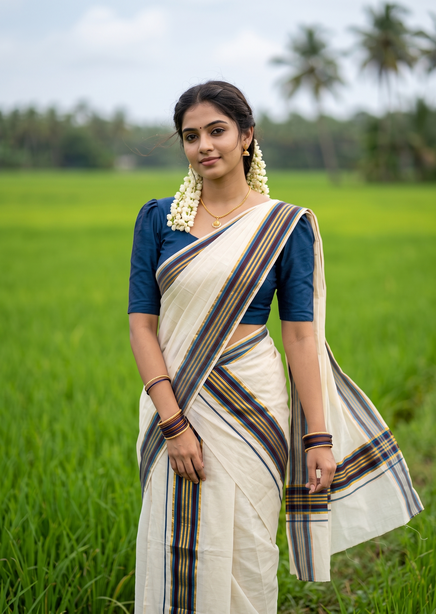 Southloom Kerala Cotton Kasavu Set Mundu (Mundum Neriyathum) with Blue and Brown Border SLKK