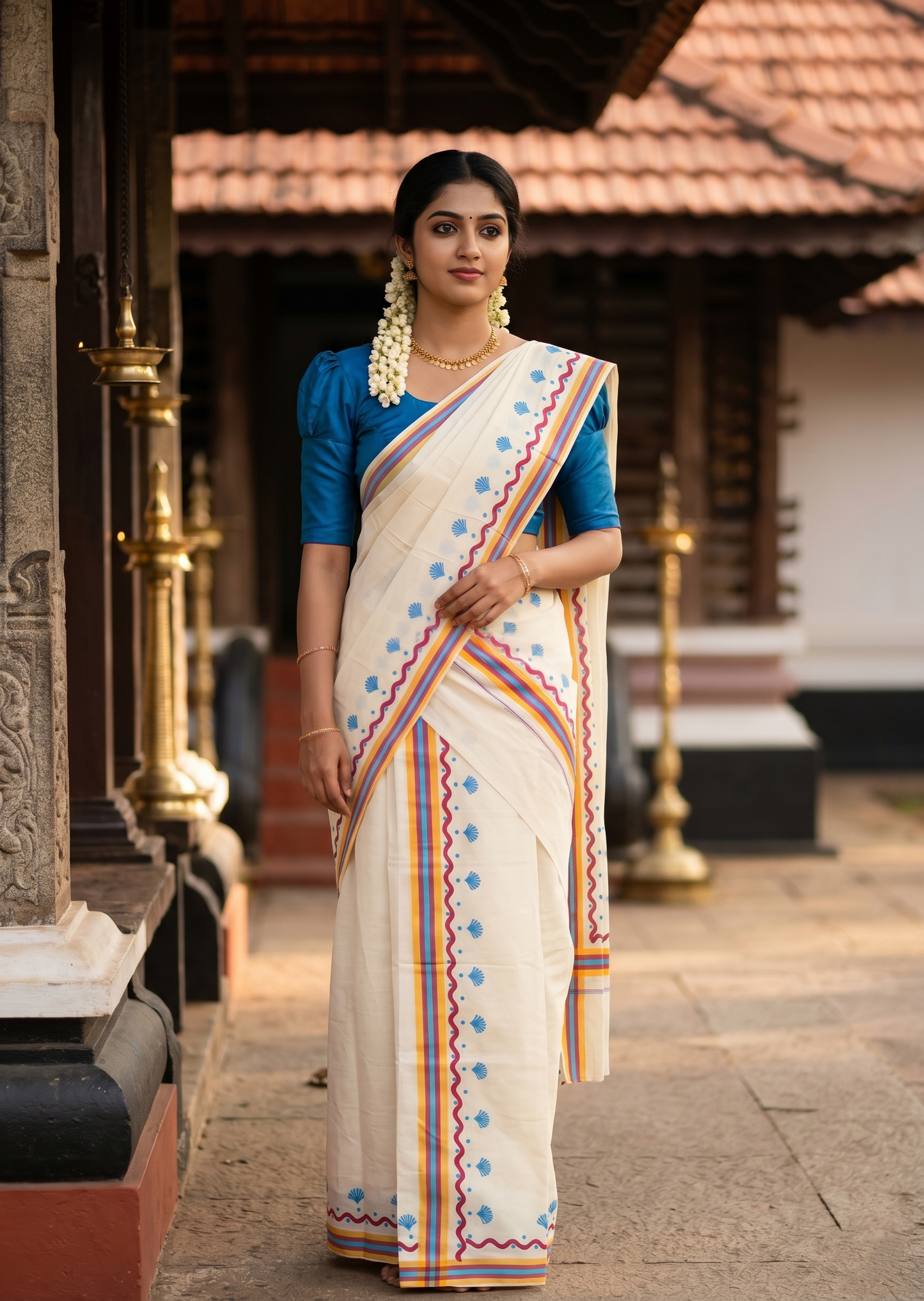 Southloom Kerala Mulloth Cotton Single Mundum Neriyathum with Digital Prints in Blue 2.75 Mtrs SL372