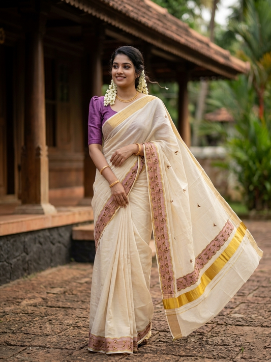 Southloom Tissue Kerala Kasavu Saree with Embroidery Design
