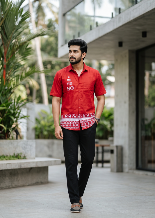 Southloom Ethinic Shirt With Christmas Printed for Men in Red Half Sleeve