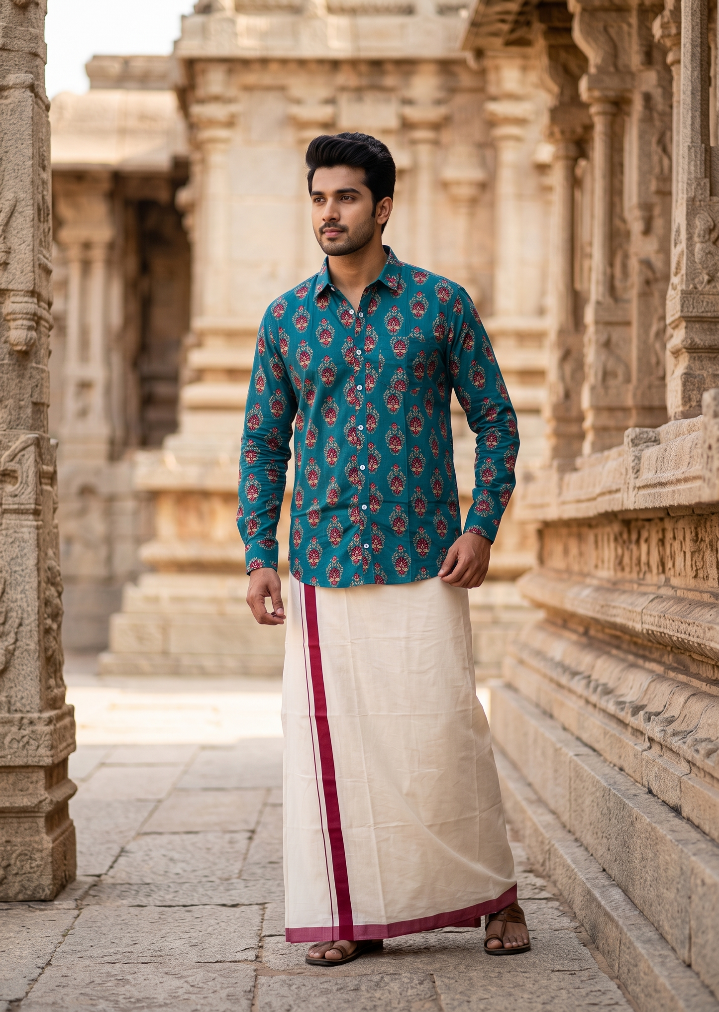 Southloom Cotton Jaipur Printed Men's Combo Full Sleeve (Shirt + Mundu) SLCOMBO SL564