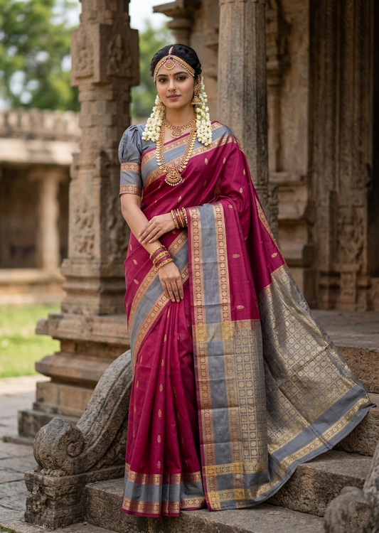Southloom Pure Handloom Bridal Kanchipuram Silk Saree with Korvai Work (Maroon & Grey)