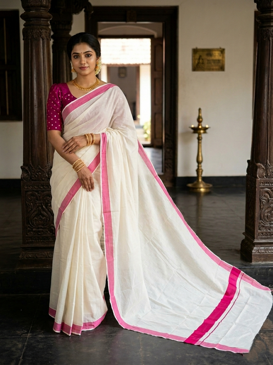 Pure Cotton Kerala Saree with Pink Plain Border