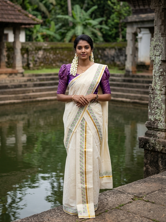 Southloom Pure Cotton Kerala Single Floral Print Set Mundu (Mundum Neriyathum) Violet and Green Border in 2.80 mtrs