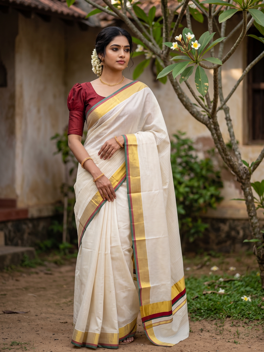 Southloom Kerala Cotton Kasavu Saree with Stripes on Body In Maroon And Green Border