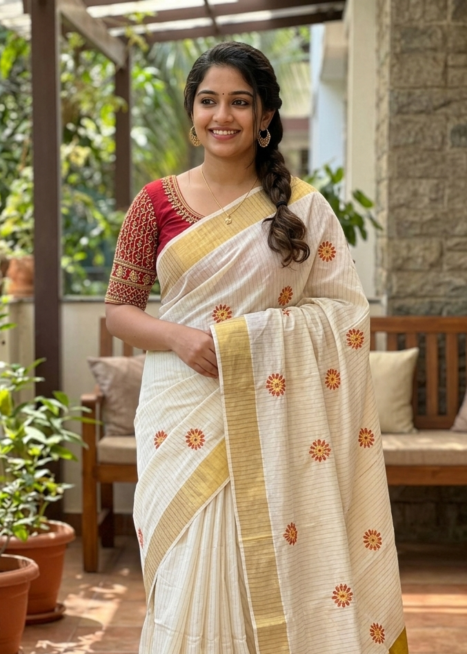 Kerala Cotton Line Saree with Red Floral Emroidery SLfloral