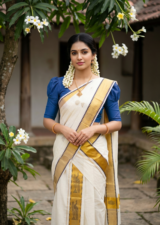 Kerala Cotton Plain Single Set Mundu (Mundum Neriyathum) with Leaf Butta Works on Body and Temple Border in Blue 2.80 Mtrs SL401