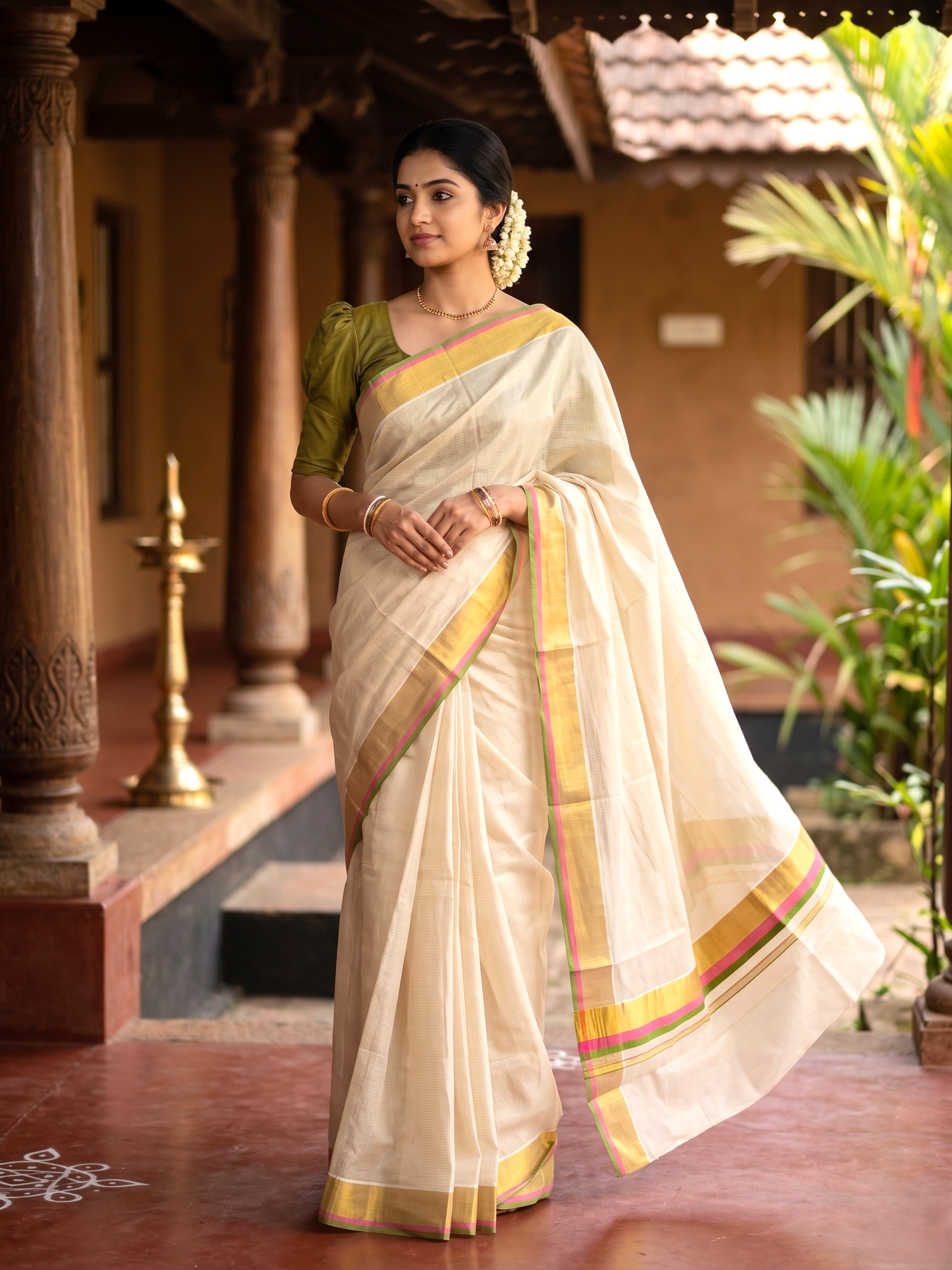 Southloom Kerala Cotton Kasavu Saree with Micro Check on Body In Pink And Olive Green Border SL347