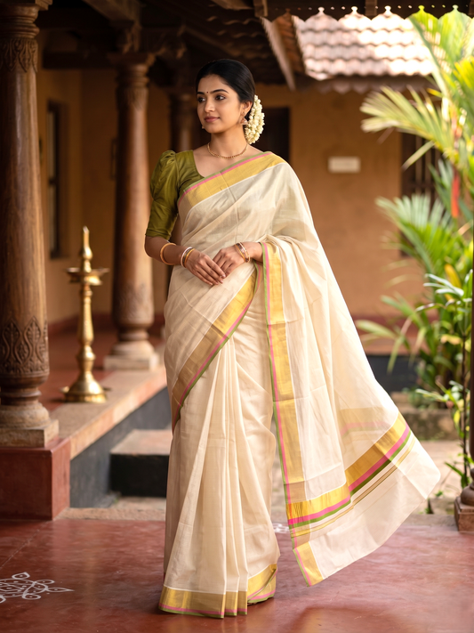 Southloom Kerala Cotton Kasavu Saree with Micro Check on Body In Pink And Olive Green Border SL347
