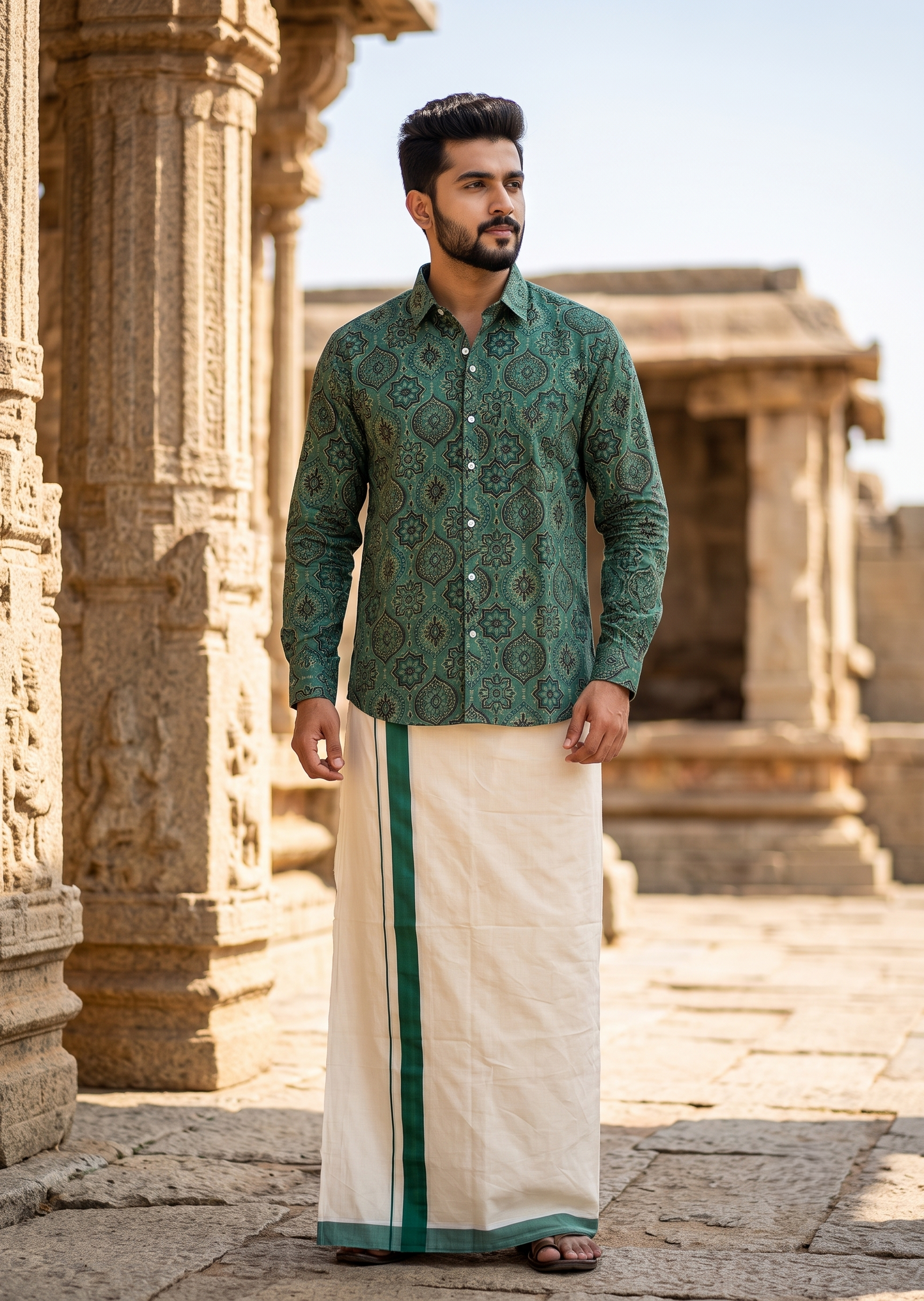 Southloom Cotton Jaipur Printed Men's Combo Full Sleeve (Shirt + Mundu) SLCOMBO SL564