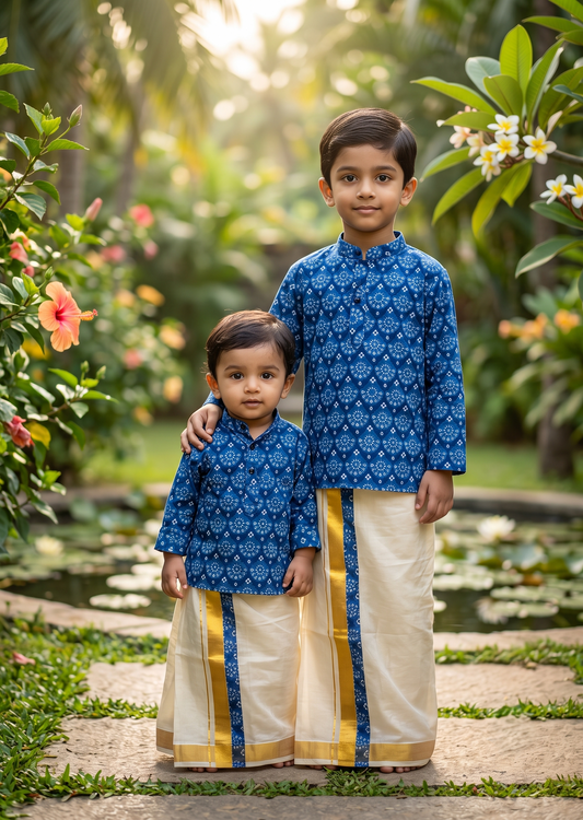 Southloom Tissue Ajrakh Printed Kids's Combo (Shirt + Velcro Mundu) SLKCOMBO