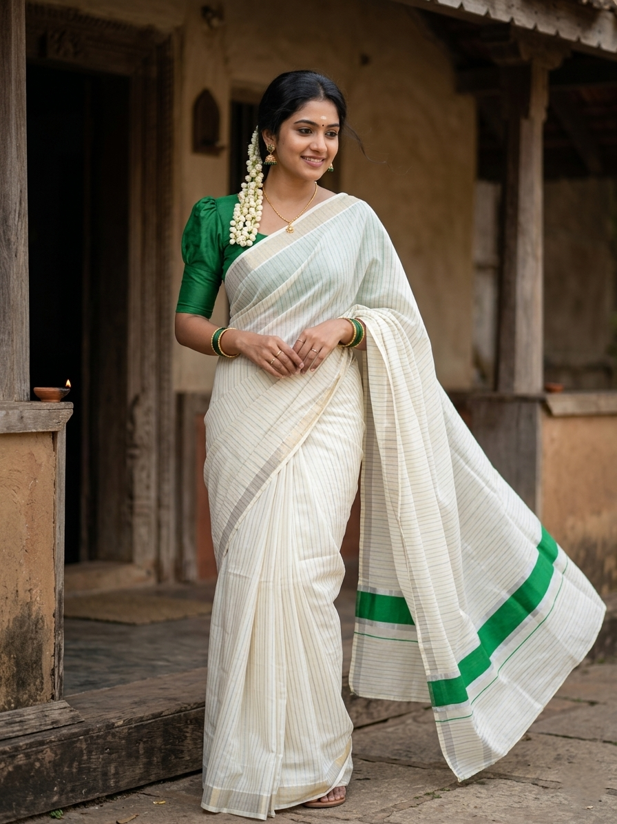 Pure Cotton Kerala Silver Kasavu Lines Saree Green Kasavu Pallu