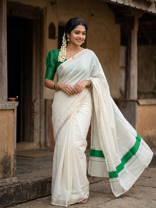 Pure Cotton Kerala Silver Kasavu Lines Saree Green Kasavu Pallu