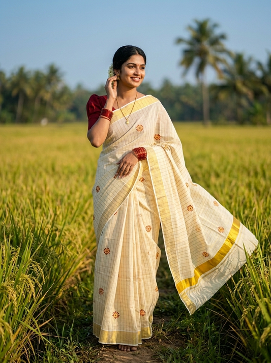 Southloom Tissue Kerala Kasavu Saree with Red Check Floral Print on Border