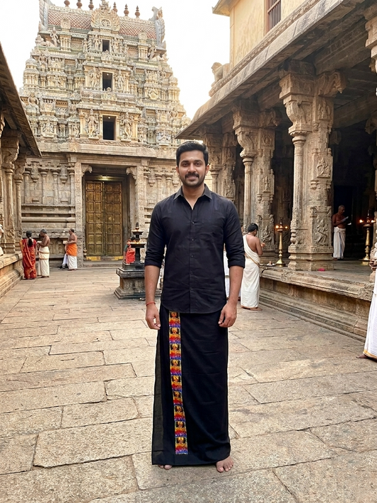 Southloom Black Printed Ayyapan Single Mundu / Otta Mundu  (South Indian Kerala Dhoti)